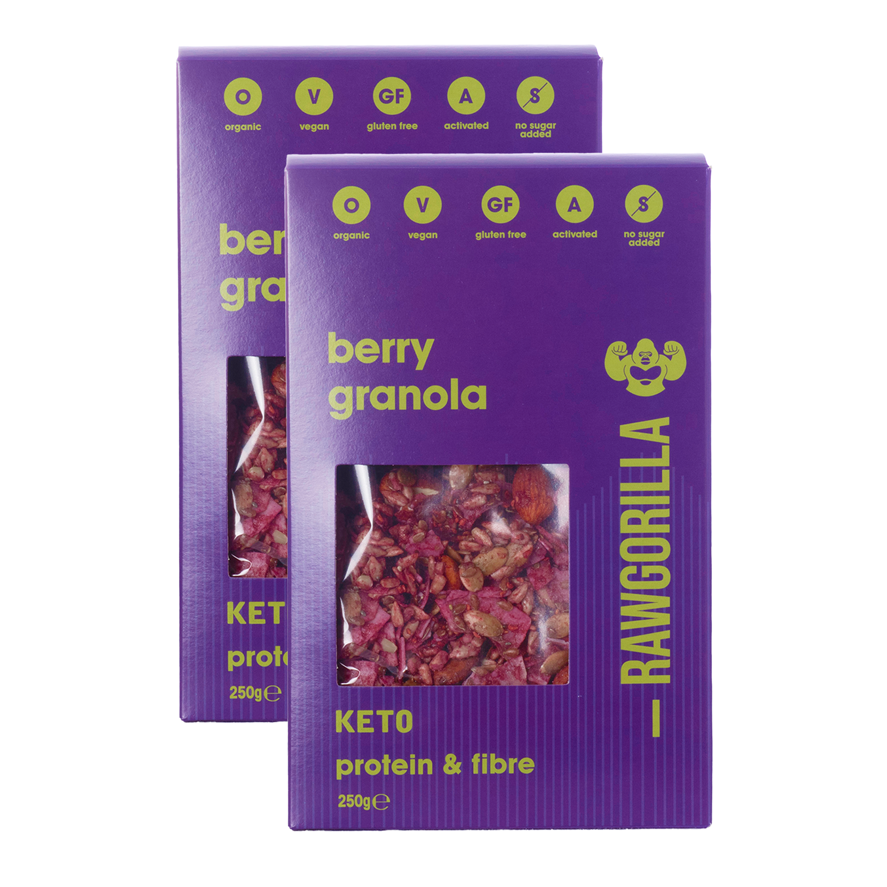 Organic berry granola cereal from Raw Gorilla, keto-friendly, 250g pack with fresh berries and crunchy oats.