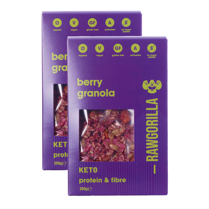 Organic berry granola cereal from Raw Gorilla, keto-friendly, 250g pack with fresh berries and crunchy oats.