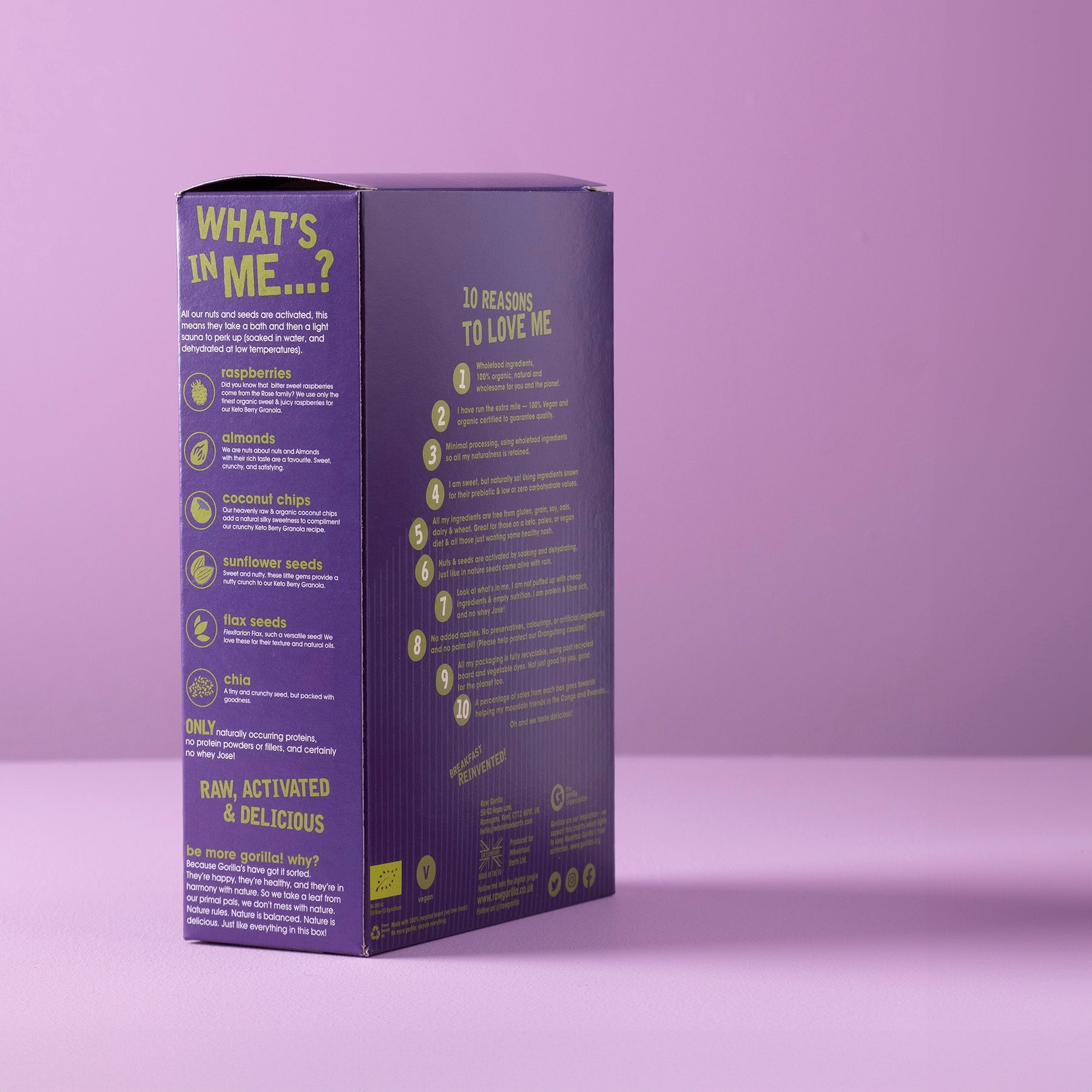 Organic berry granola cereal from Raw Gorilla, keto-friendly, 250g package with mixed berries and crunchy granola pieces.