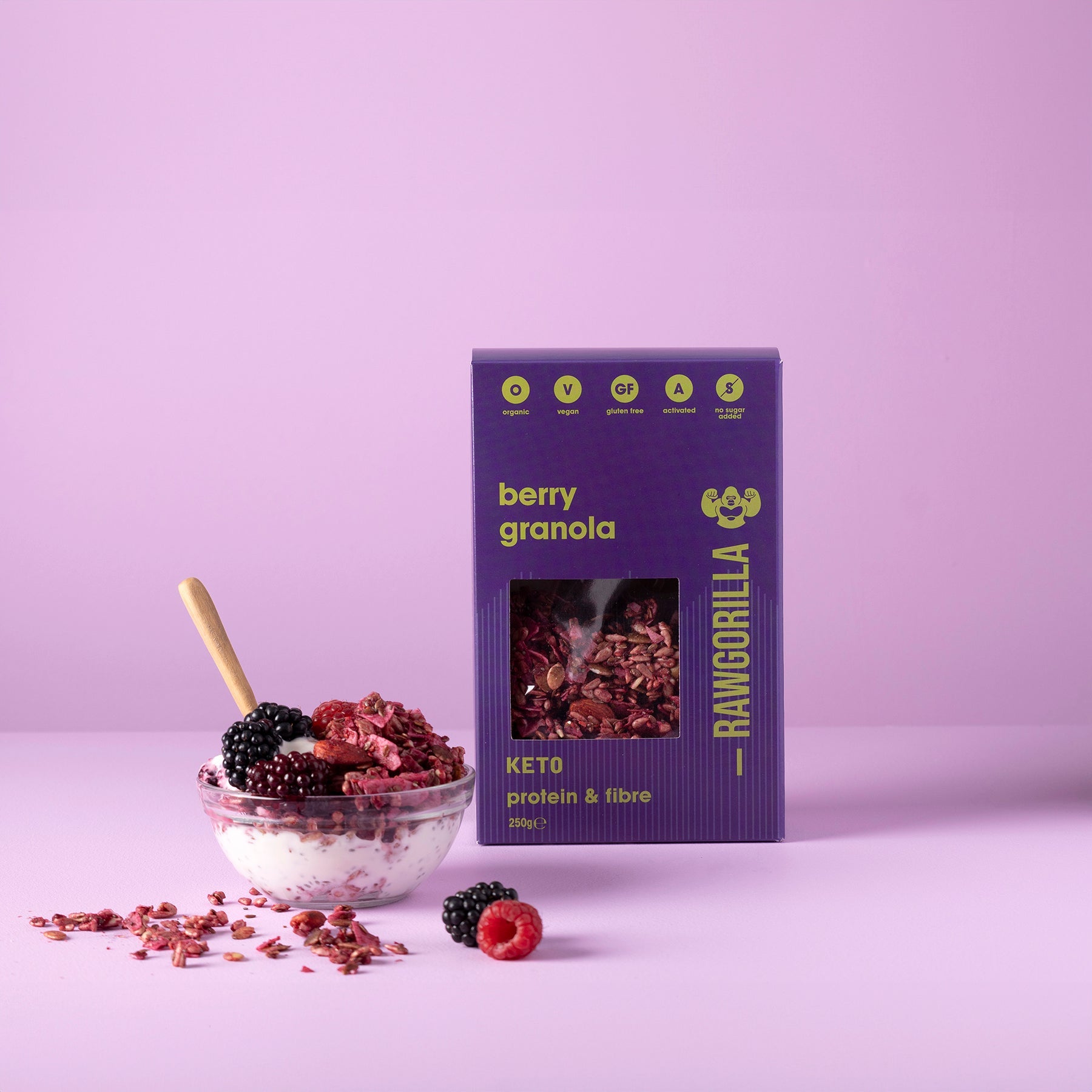 Organic berry granola cereal from Raw Gorilla, keto-friendly whole food with mixed berries and crunchy oats in a 250g package.