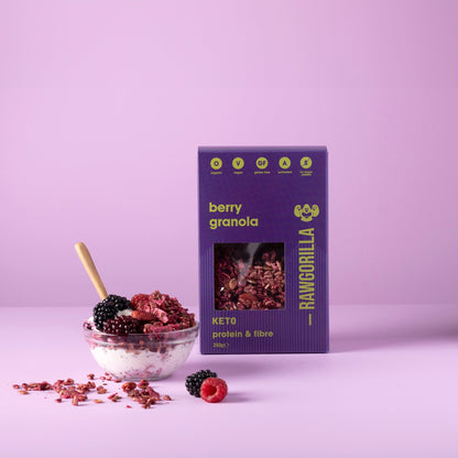 Organic berry granola cereal from Raw Gorilla, keto-friendly whole food with mixed berries and crunchy oats in a 250g package.