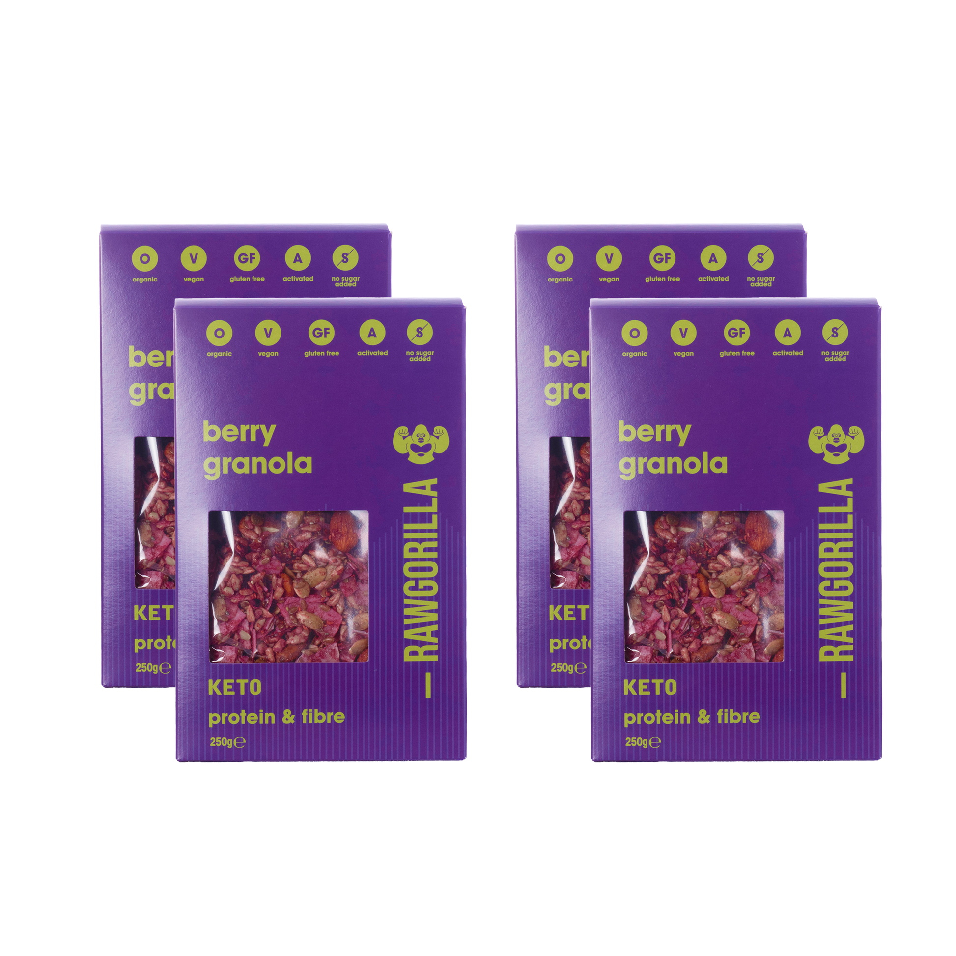 Organic berry granola cereal from Raw Gorilla, keto-friendly, 250g pack with a mix of berries and crunchy granola clusters.