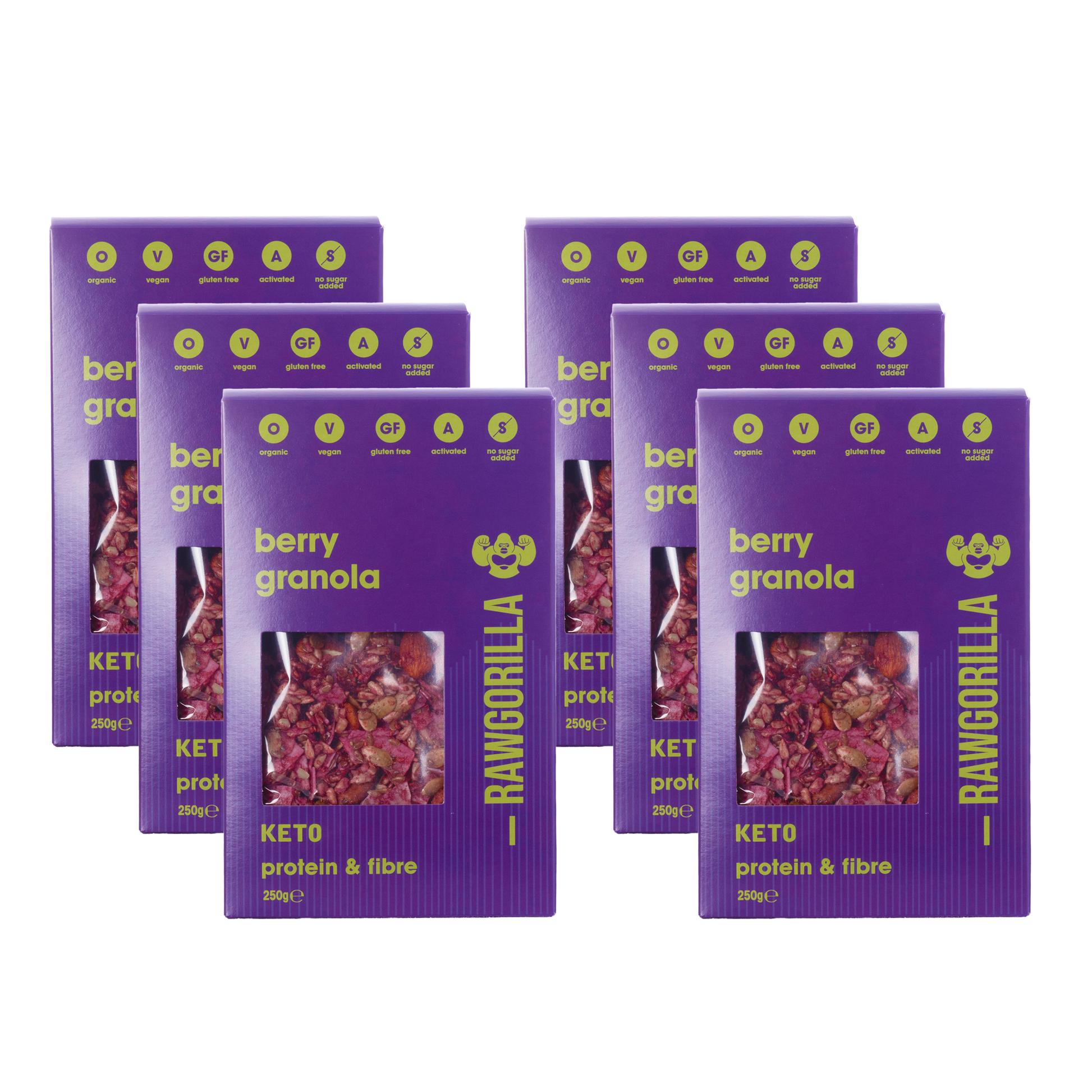 Organic berry granola cereal by Raw Gorilla, keto-friendly whole food with mixed berries and crunchy granola in a 250g package.