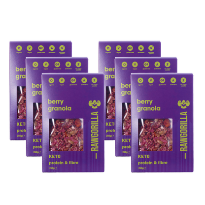Organic berry granola cereal by Raw Gorilla, keto-friendly whole food with mixed berries and crunchy granola in a 250g package.