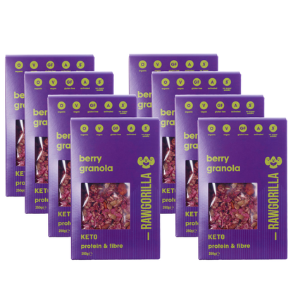 Organic berry granola cereal by Raw Gorilla, keto-friendly, 250g, with fresh berries and crunchy oats.
