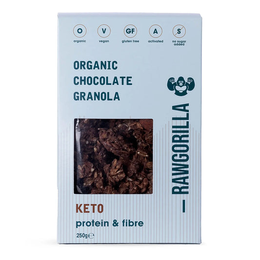 Organic chocolate granola cereal from RawGorilla, 250g, featuring chocolate clusters and crunchy oats in a resealable bag.