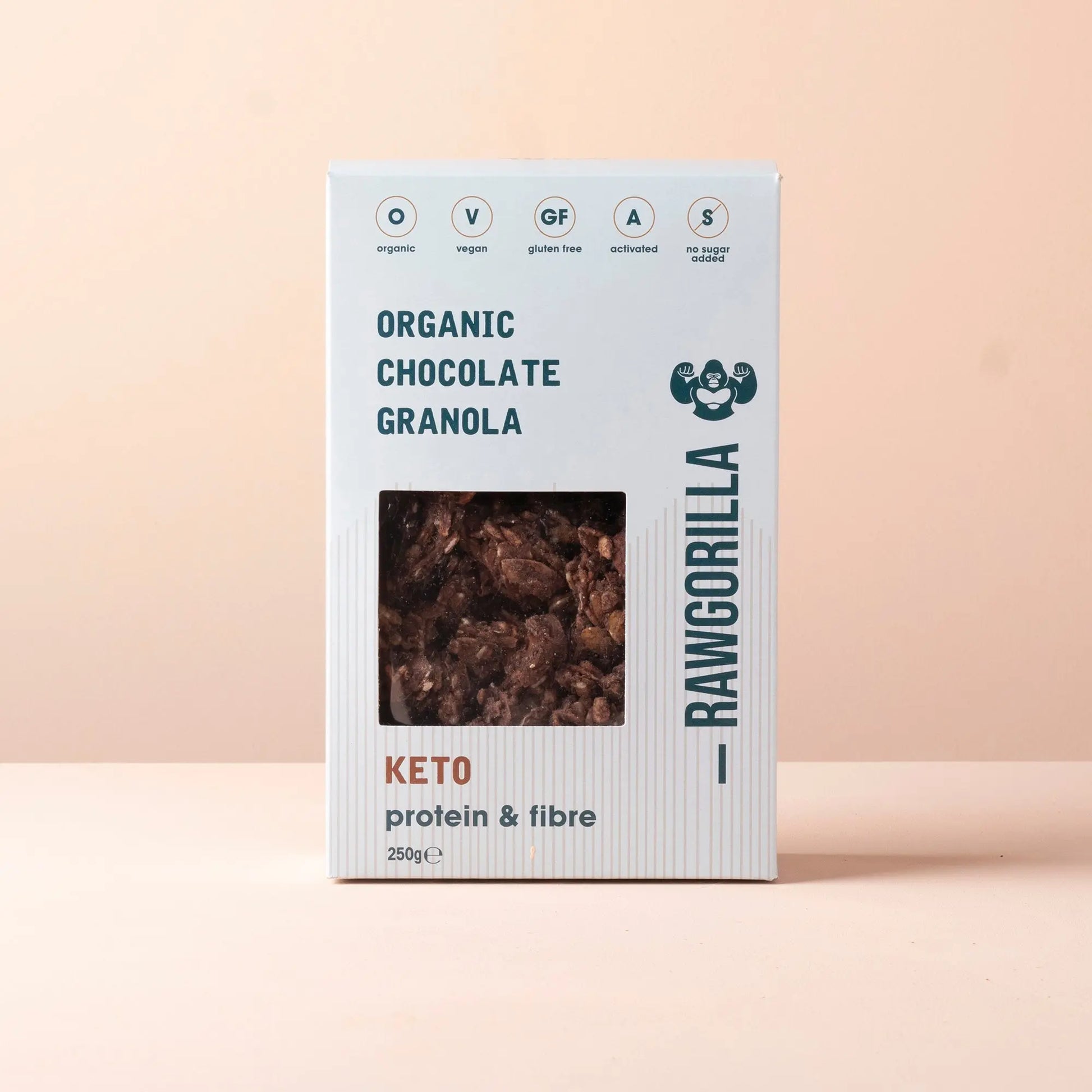 Organic chocolate granola cereal from RawGorilla, 250g, featuring crunchy oats and cocoa for a keto-friendly breakfast.