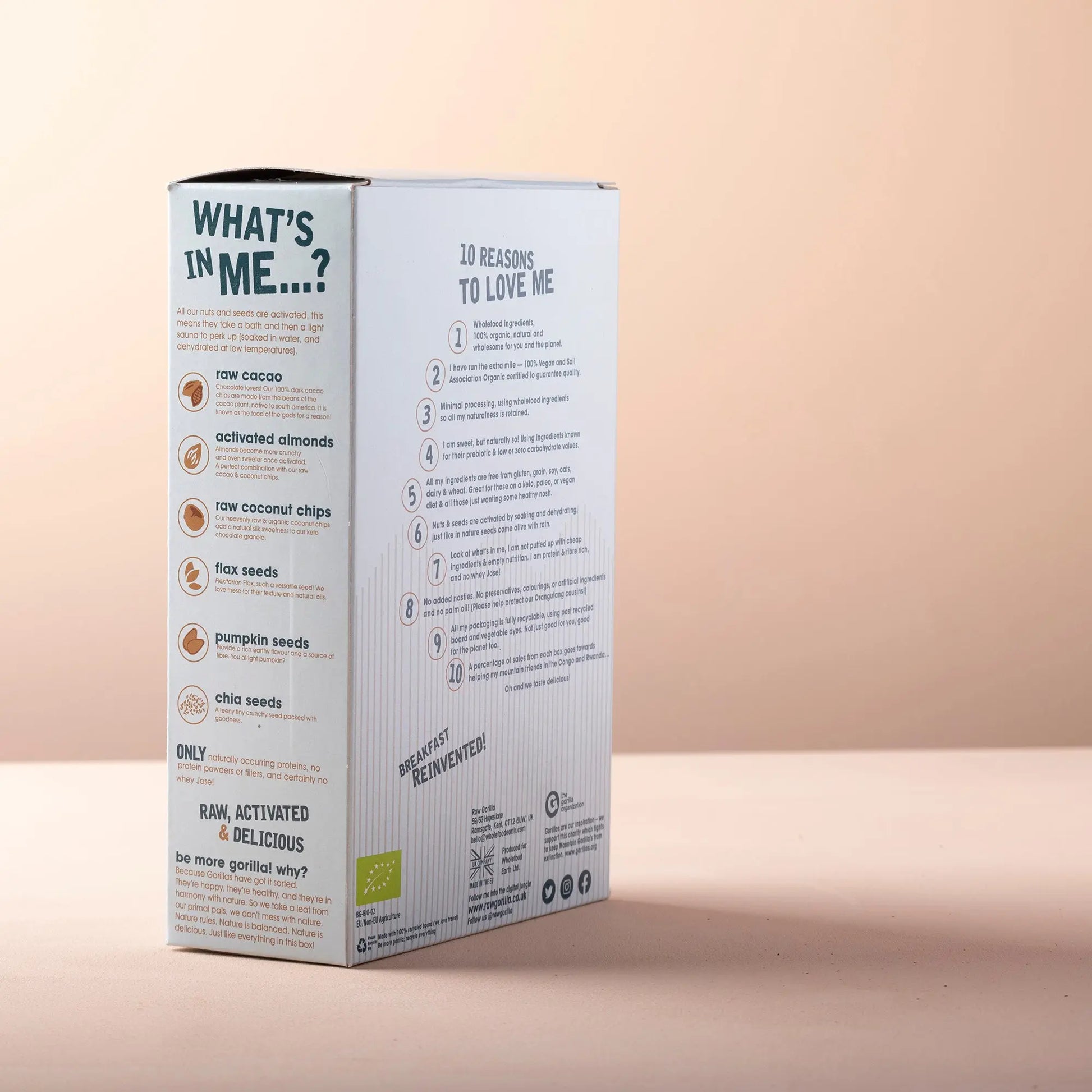 Organic chocolate granola cereal from RawGorilla featuring clusters of chocolate and oats in a 250g package.