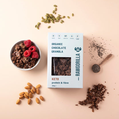 Organic chocolate granola cereal from RawGorilla, 250g, featuring crunchy oats and cocoa for a healthy breakfast option.
