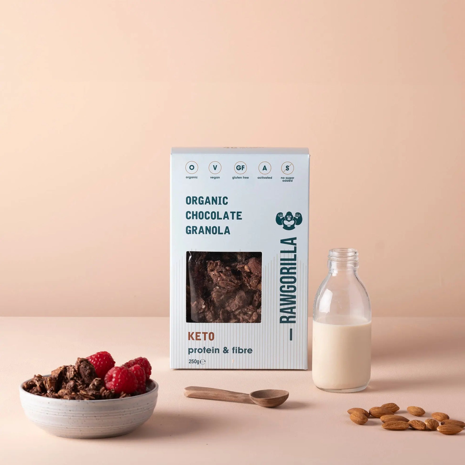 Organic chocolate granola cereal by RawGorilla, 250g, featuring crunchy clusters with chocolate flavor, from Whole Food Earth.