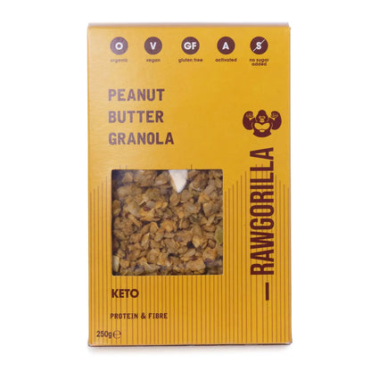 Keto peanut butter granola by Raw Gorilla in a 250g package, featuring crunchy cereal with peanut butter flavor.