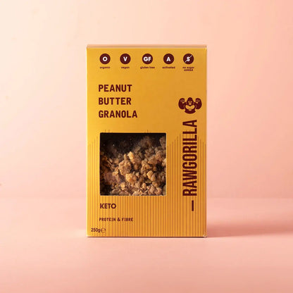 Keto peanut butter granola in a bowl, showing crunchy cereal pieces with peanut butter flavor from Raw Gorilla, Whole Food Earth.