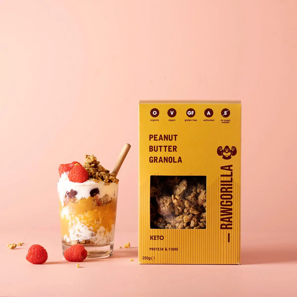 Keto Peanut Butter Granola by Raw Gorilla, 250g, in a clear bowl showing crunchy cereal with peanut butter flavor.