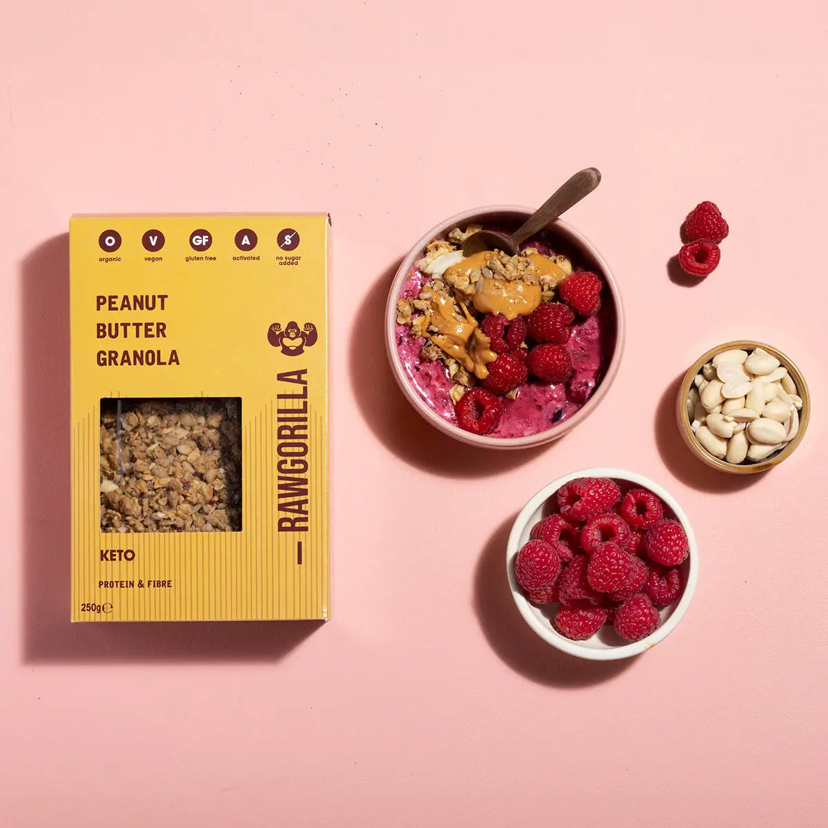 Keto peanut butter granola in a bowl, Raw Gorilla brand, showing crunchy cereal with peanut butter flavor and clusters.