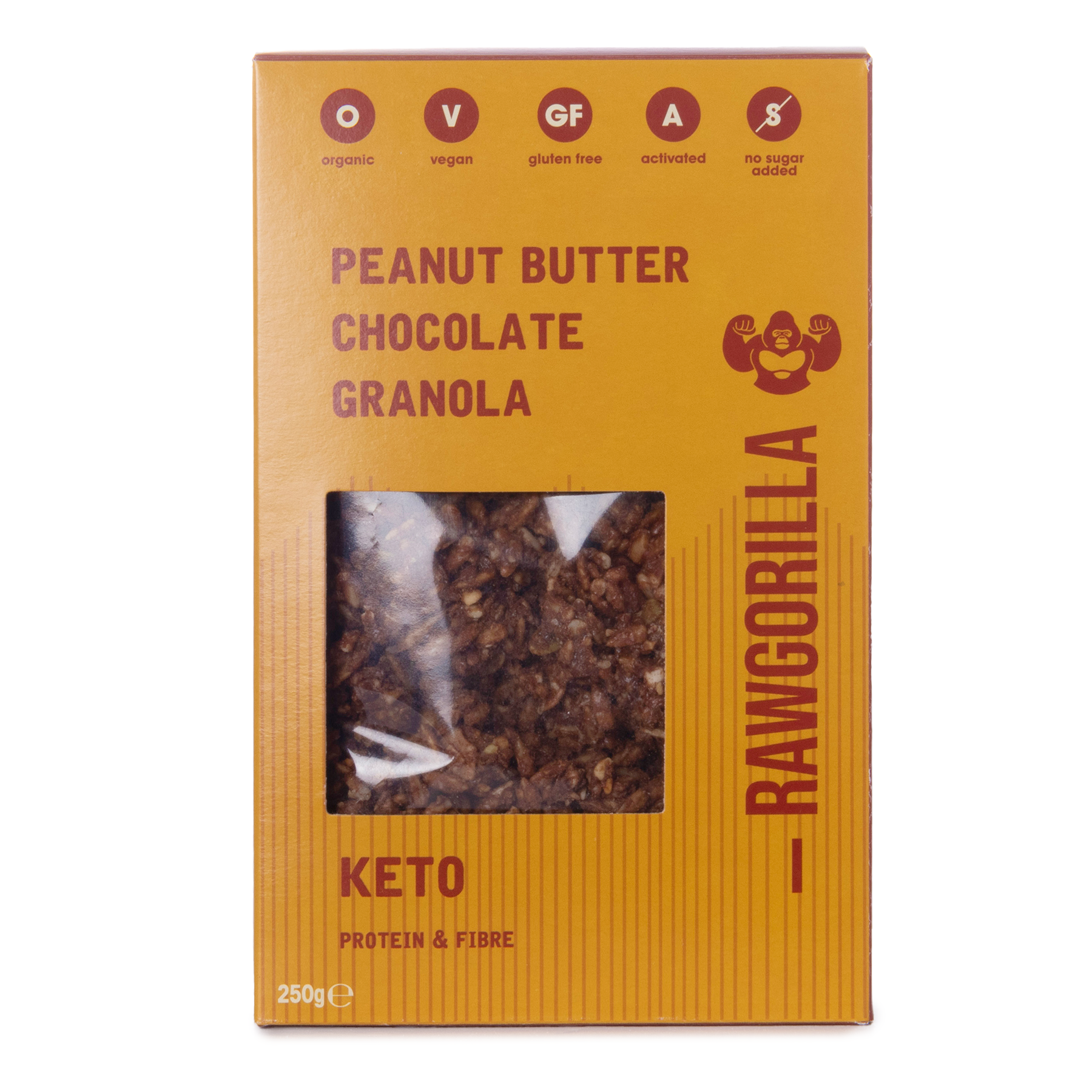 Keto peanut butter chocolate granola in a 250g package by Raw Gorilla, showing crunchy cereal with peanut butter and chocolate bits.