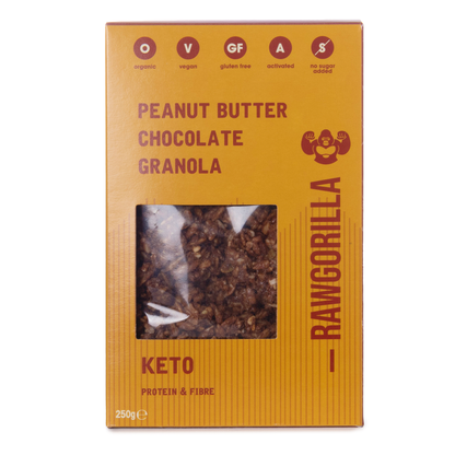 Keto peanut butter chocolate granola in a 250g package by Raw Gorilla, showing crunchy cereal with peanut butter and chocolate bits.