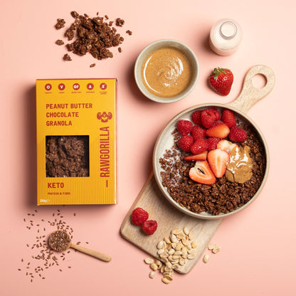 Keto peanut butter chocolate granola in 250g pack by Raw Gorilla, featuring crunchy cereal with peanut butter and cocoa flavor.