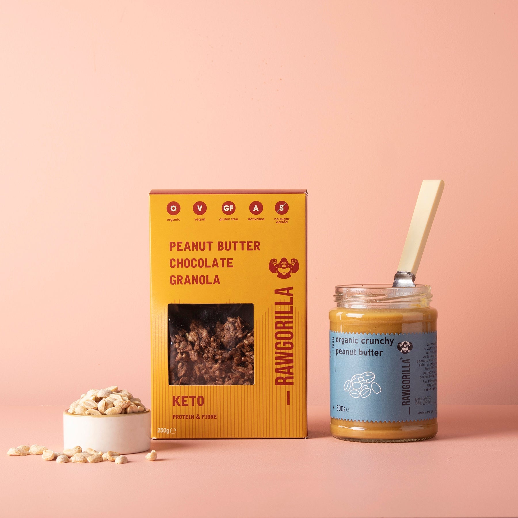 Keto peanut butter chocolate granola in a resealable bag by Raw Gorilla, featuring oats, nuts, and chocolate chunks for a healthy snack