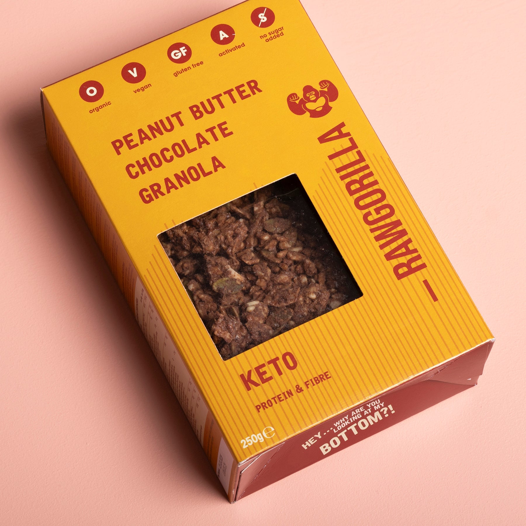 Keto peanut butter chocolate granola in a 250g bag by Raw Gorilla, featuring crunchy cereal with peanut and chocolate pieces.
