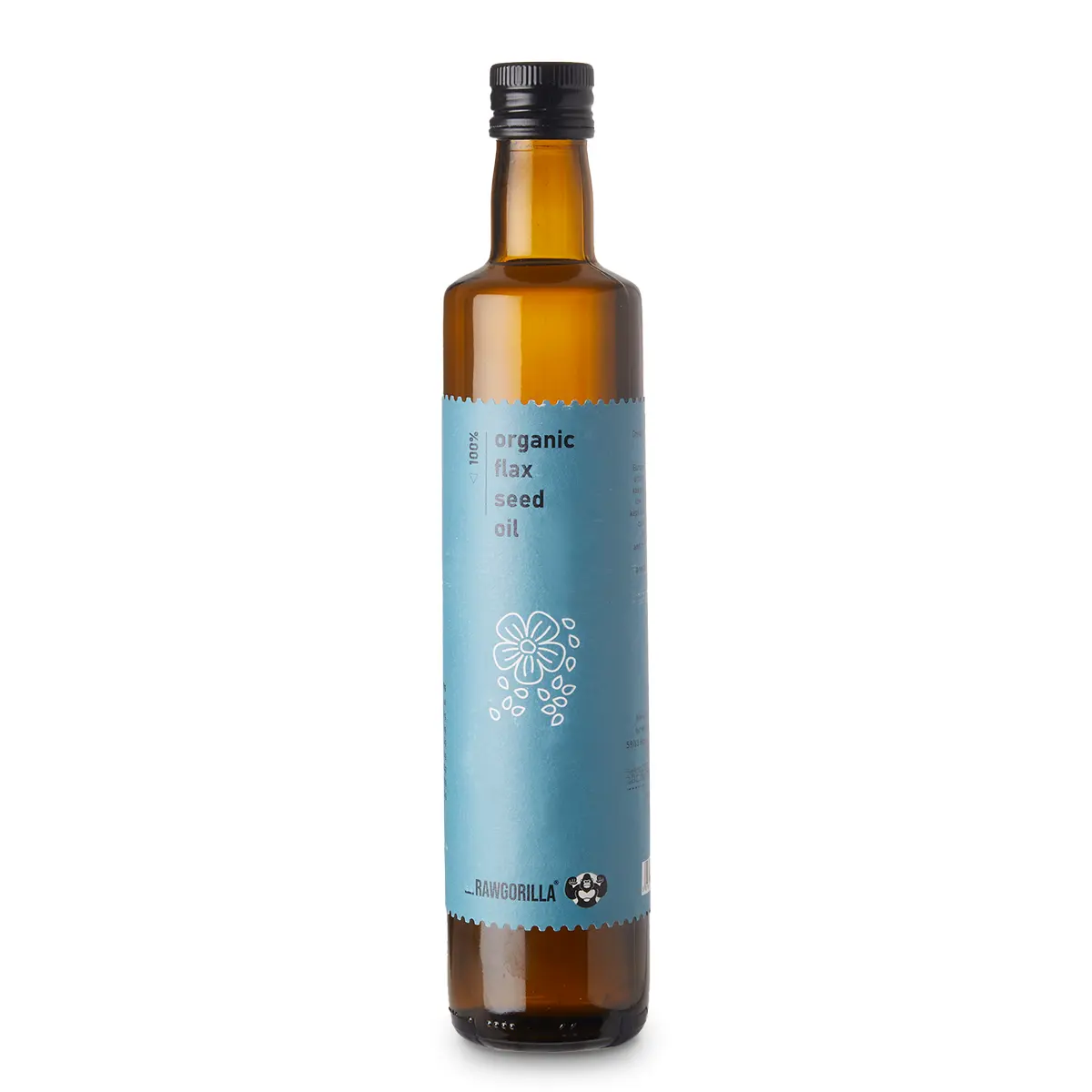 Cold pressed organic flaxseed oil in a 500ml bottle from Whole Food Earth, featuring a clear label and golden oil inside.
