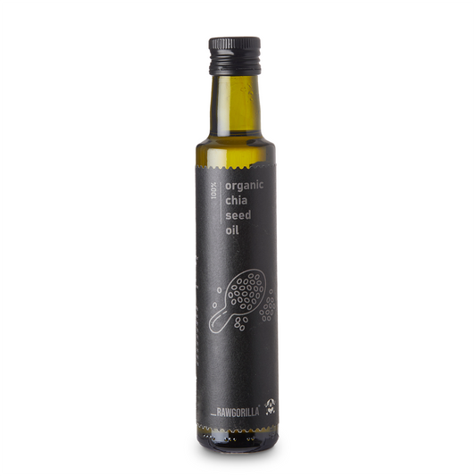 Organic chia seed oil in a 250ml bottle from Whole Food Earth, cold-pressed raw chia seed oil for cooking and health uses.