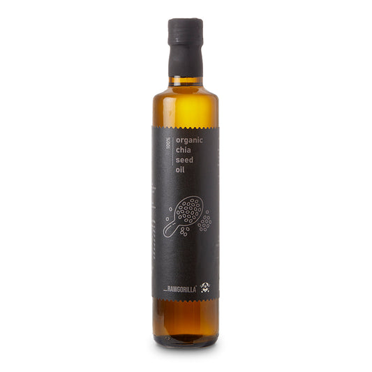 Organic chia seed oil from RawGorilla, cold pressed in a 500ml bottle, natural cooking oil from Whole Food Earth.