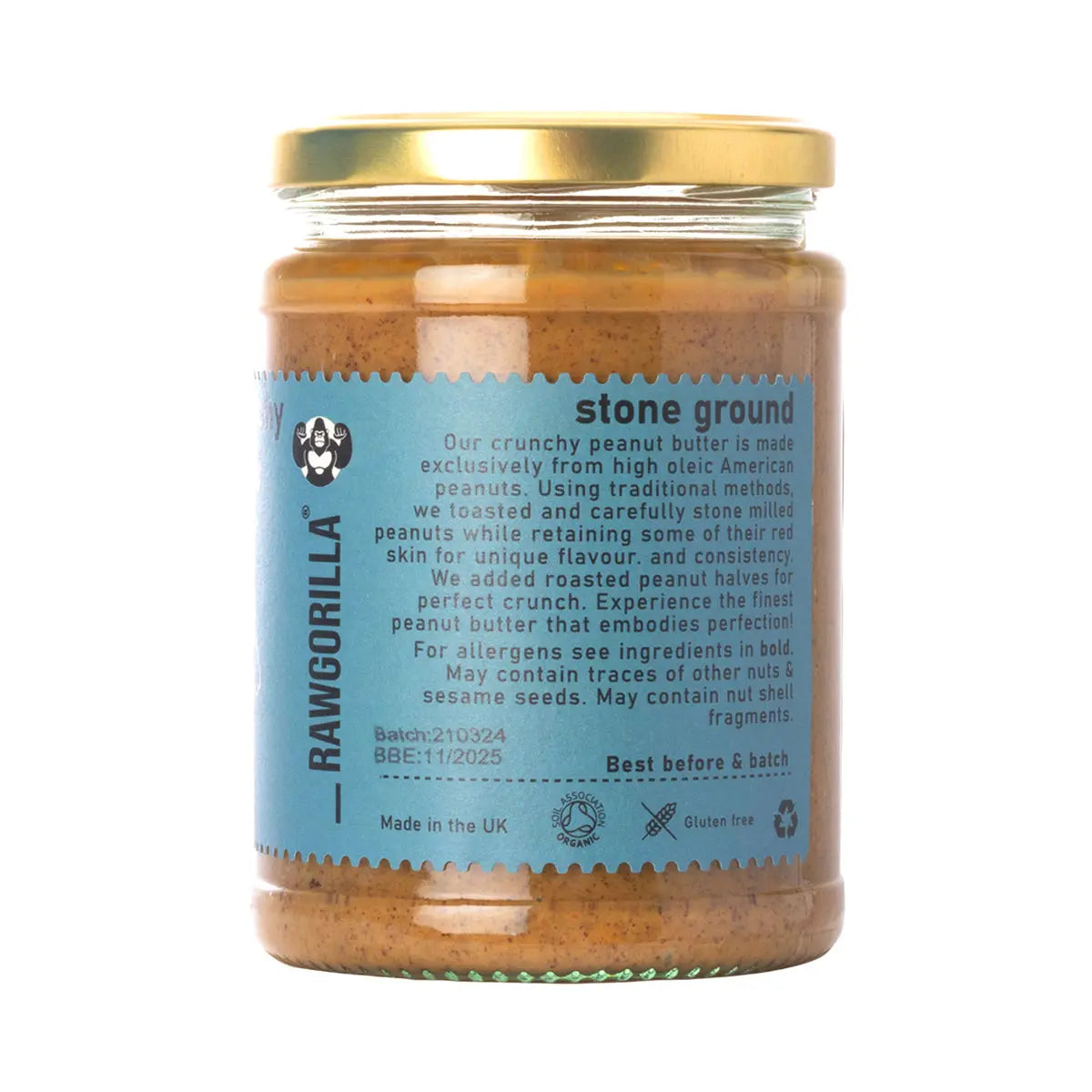 Jar of RawGorilla Organic Crunchy Peanut Butter in a glass jar with a spoon, showing chunky texture and natural peanut appearance.