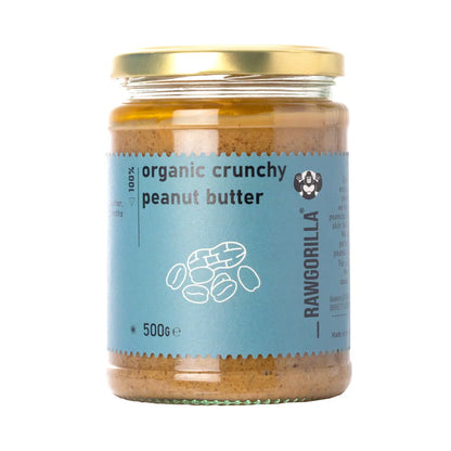 Jar of RawGorilla Organic Crunchy Peanut Butter with visible peanut chunks, natural nut butter texture, and label showing organic certification.