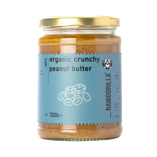 Organic crunchy peanut butter from RawGorilla, showing a jar of Whole Food Earth nut butter with visible peanut pieces and smooth texture.