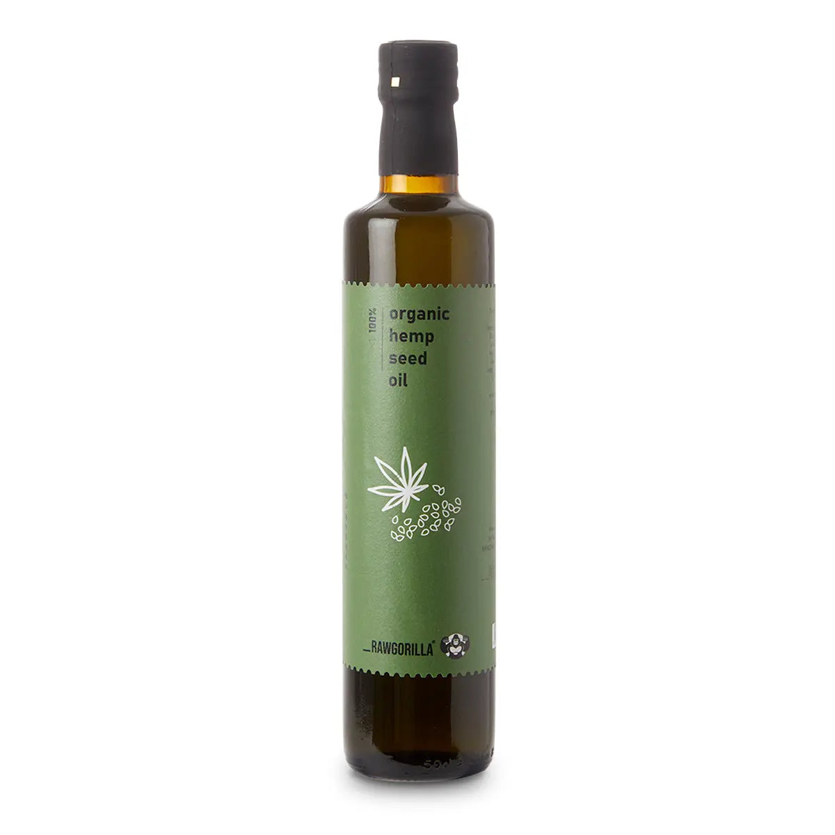 Organic hemp seed oil in a 500ml bottle by RawGorilla, cold pressed cooking oil from Whole Food Earth.