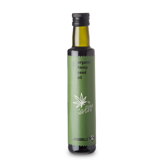 Organic hemp seed oil from RawGorilla, cold pressed in a 250ml bottle, ideal for cooking and health-conscious recipes.