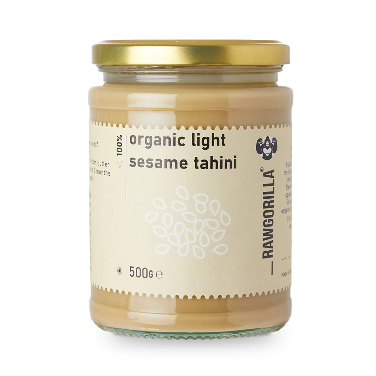 Organic Light Sesame Tahini by RawGorilla, a creamy dip and spread made from raw, organic sesame seeds shown in the image.