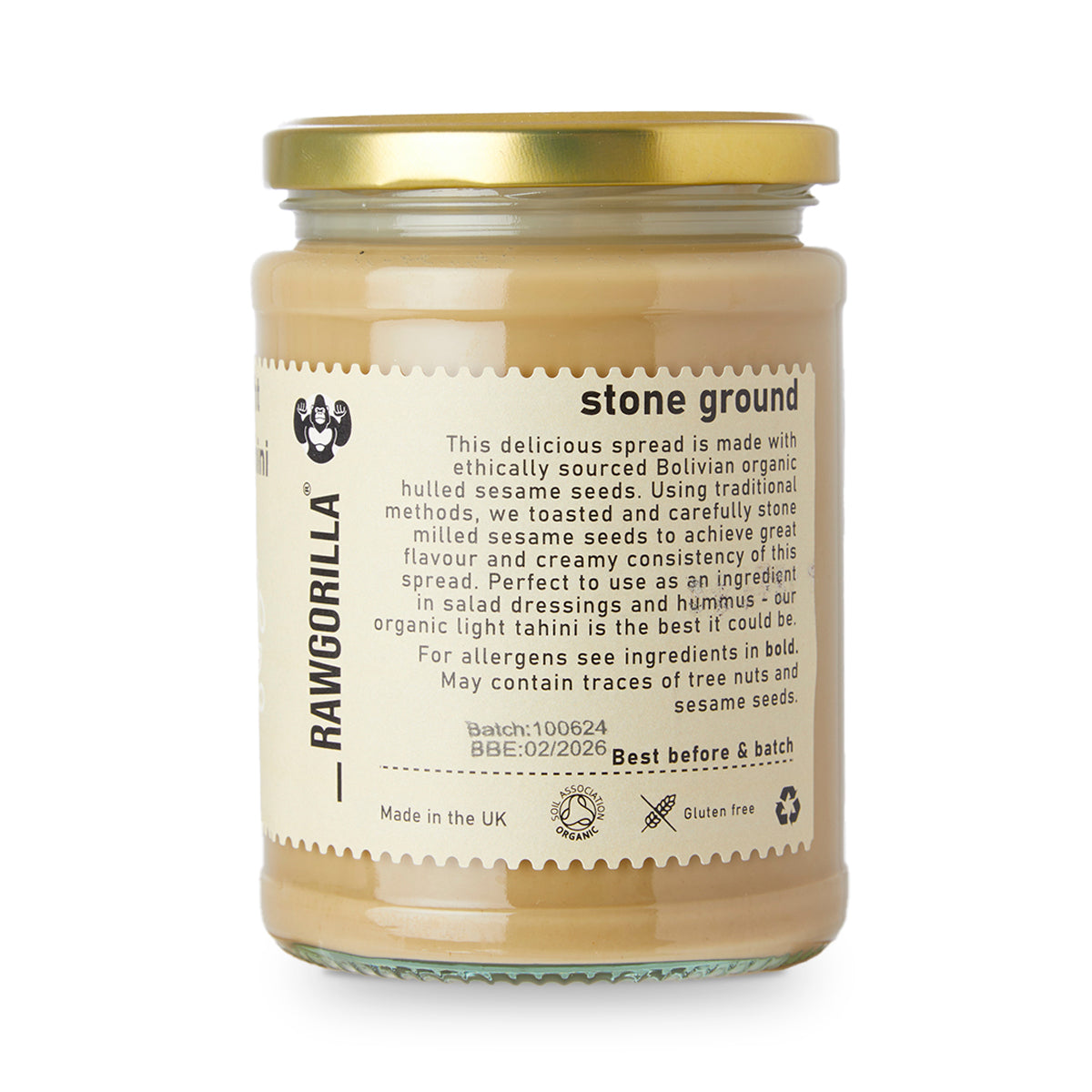 Organic light sesame tahini dip from RawGorilla, smooth and creamy spread made with raw, organic sesame seeds.