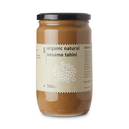 Organic natural sesame tahini from RawGorilla, a creamy spread made from pure sesame seeds, ideal for dips and recipes.