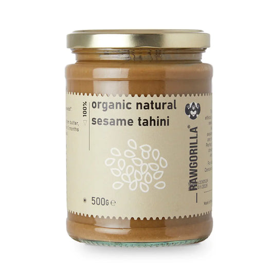 Organic natural sesame tahini jar from RawGorilla, smooth and creamy, in a glass jar suitable for spreads and cooking.
