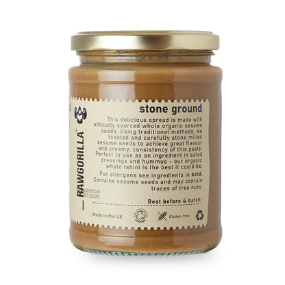 Organic natural sesame tahini from RawGorilla, a smooth, creamy dip and spread made from pure sesame seeds.