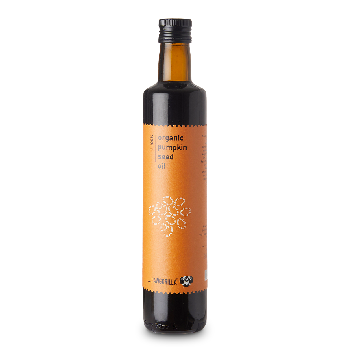 Organic pumpkin seed oil by RawGorilla, cold-pressed in a 500ml bottle, ideal for cooking and healthy recipes.
