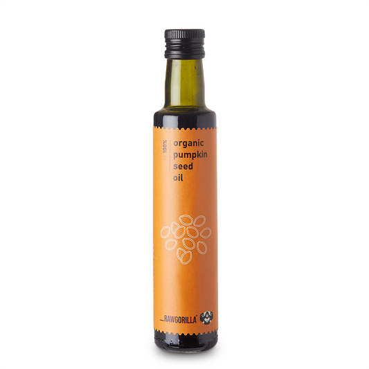 Organic pumpkin seed oil by RawGorilla, cold-pressed in a 250ml bottle, suitable for cooking and healthy recipes.