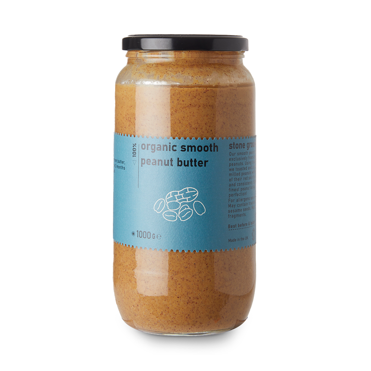 Creamy organic smooth peanut butter from RawGorilla, displayed in a jar with a spoonful of nut butter on a wooden surface.