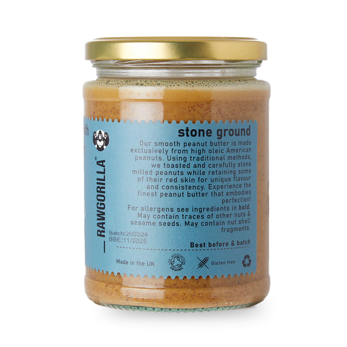 Creamy organic peanut butter in a jar from RawGorilla, made from whole food ingredients, perfect for spreading or snacking.