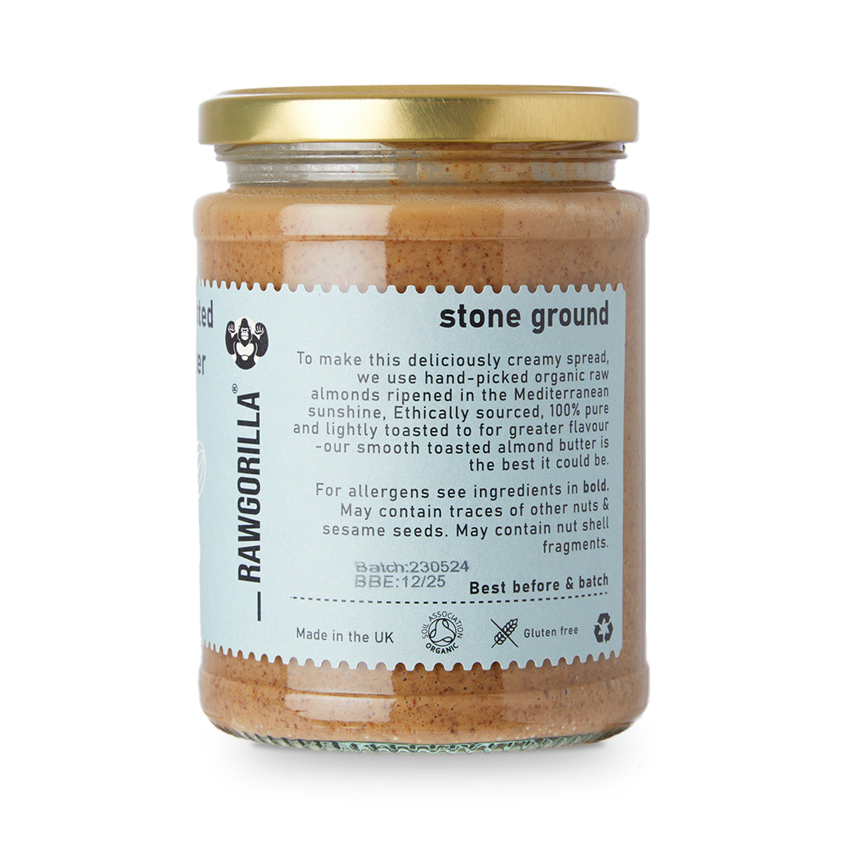 Organic toasted almond butter from RawGorilla, creamy nut butter spread in a jar, showcasing natural almond texture and branding.