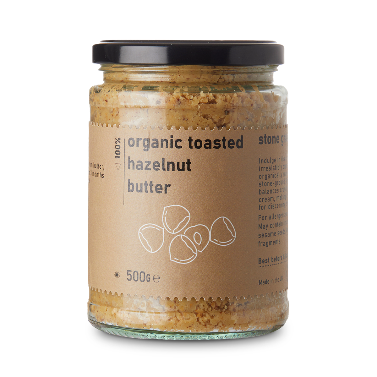 Organic toasted hazelnut butter from RawGorilla, creamy nut spread in a jar, highlighting natural, wholesome ingredients.