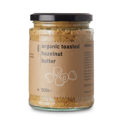 Organic toasted hazelnut butter from RawGorilla, creamy nut spread in a jar, highlighting natural, wholesome ingredients.