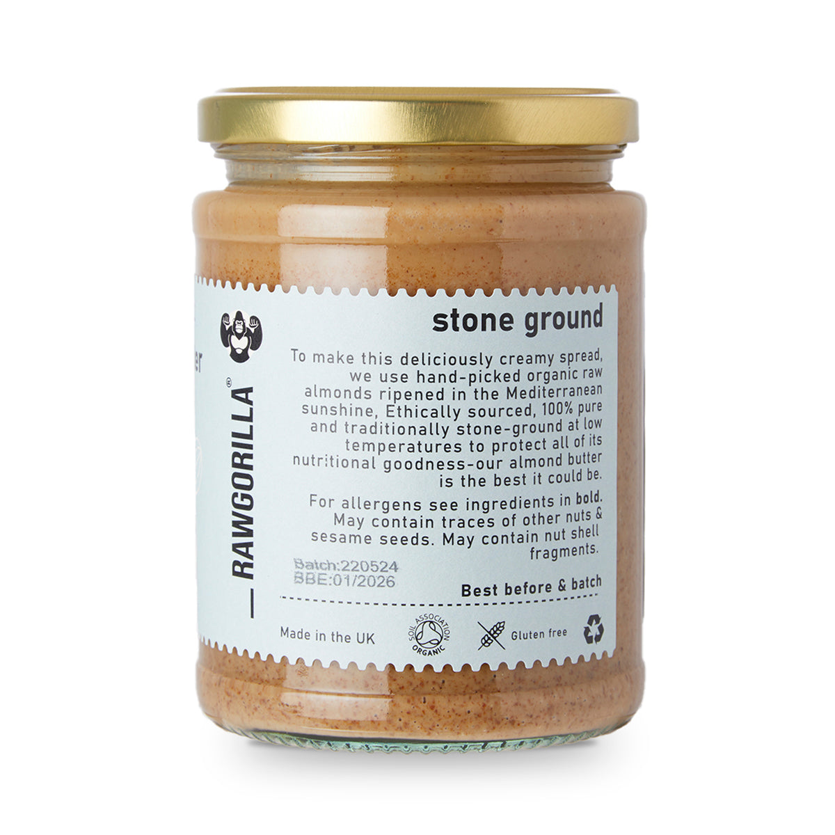 Creamy raw organic almond butter in a jar from RawGorilla, made with whole food ingredients, by Whole Food Earth.
