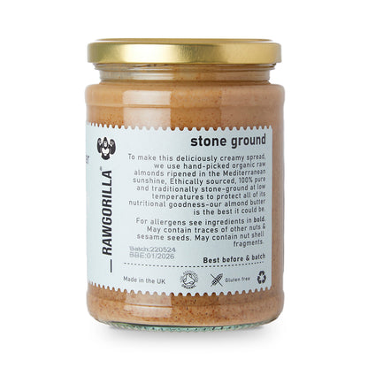 Creamy raw organic almond butter in a jar from RawGorilla, made with whole food ingredients, by Whole Food Earth.