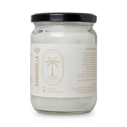 Raw Gorilla organic virgin coconut oil in a 500ml bottle, shown in a clear container with a golden coconut label.