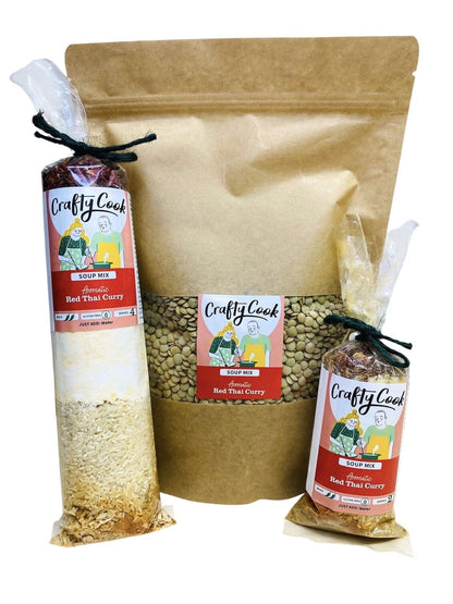 Red Thai Curry Soup Mix by Crafty Cook in a bowl, showcasing vibrant red color and Thai spices for flavorful soup preparation.