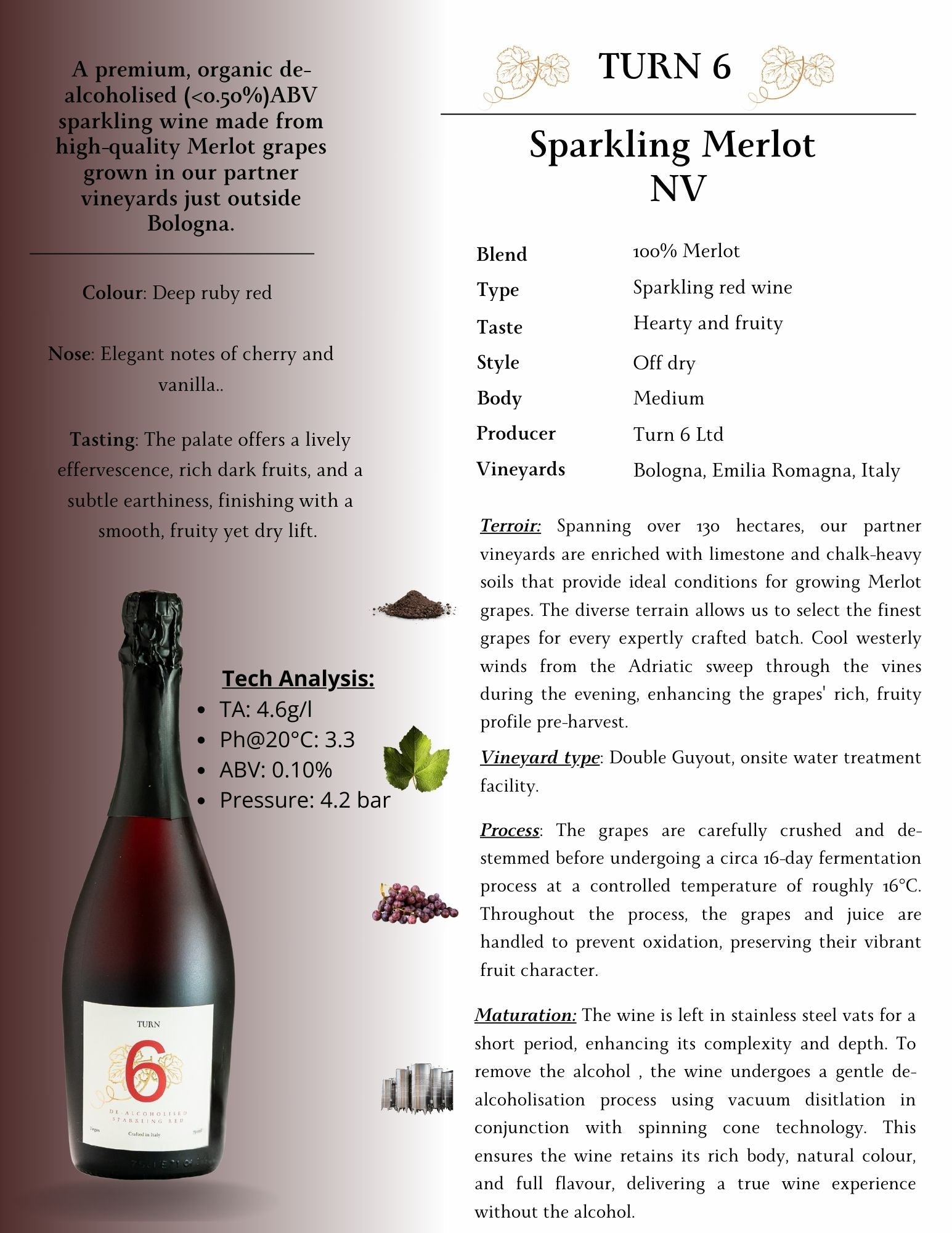 Turn 6 premium alcohol-free sparkling red wine bottle with a detailed red label and elegant packaging.