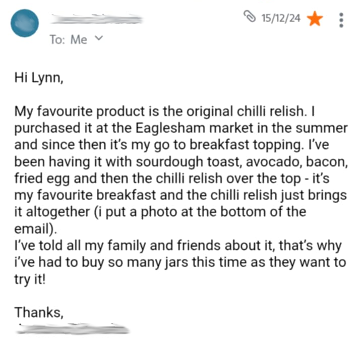 Email from a customer about their favorite product, Original Chilli Relish (chilli jam) and its use in breakfast.