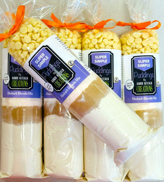 Gluten-free Rhubarb Blondie Mix by Crafty Cook in a colorful packaging, ready for baking.